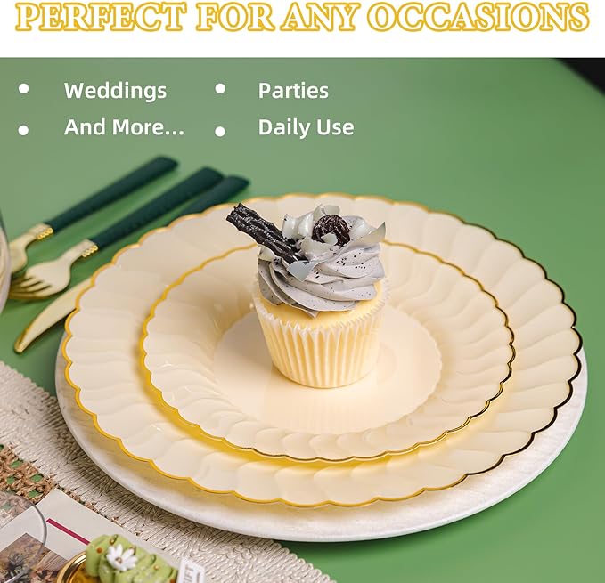 Lullaby 60PCS Light Yellow Plastic Plates, Disposable Elegant Plates Include 30pcs Dinner Plate 10.25", 30pcs Plastic Dessert Plate 7.5", Perfect for Wedding and Party