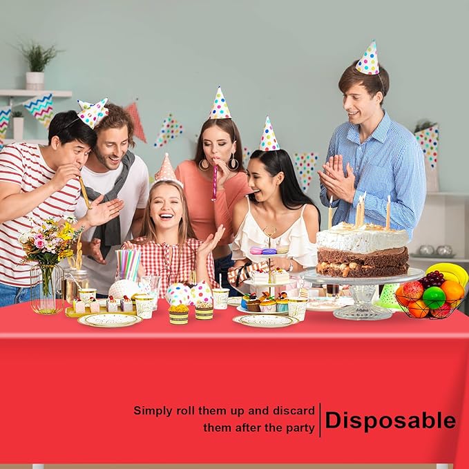 12 Pack Rectangular Disposable Red Tablecloth, Red Plastic Table Cloths for Parties Disposable, 54x108 in Waterproof Tablecloth for Birthday Party Baby Shower Picnic Valentines