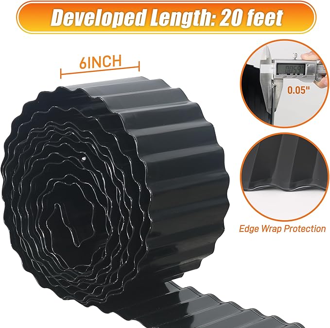 Corrugated Metal Garden Edging, 6"20Ft Landscape Border for Lawn, Flower Bed and Garden, Sturdy Galvanized Steel Yard, Flexible for DIY Landscaping and Yard, Black