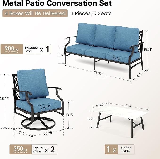 4 Piece Metal Outdoor Patio Furniture Set, Patio Conversation Sets 1 3-seater Sofa, 2 Swivel Chair with 5.75" Extra Thick Cushion and Coffee Table, Black Frame Backyard Furniture, Navy