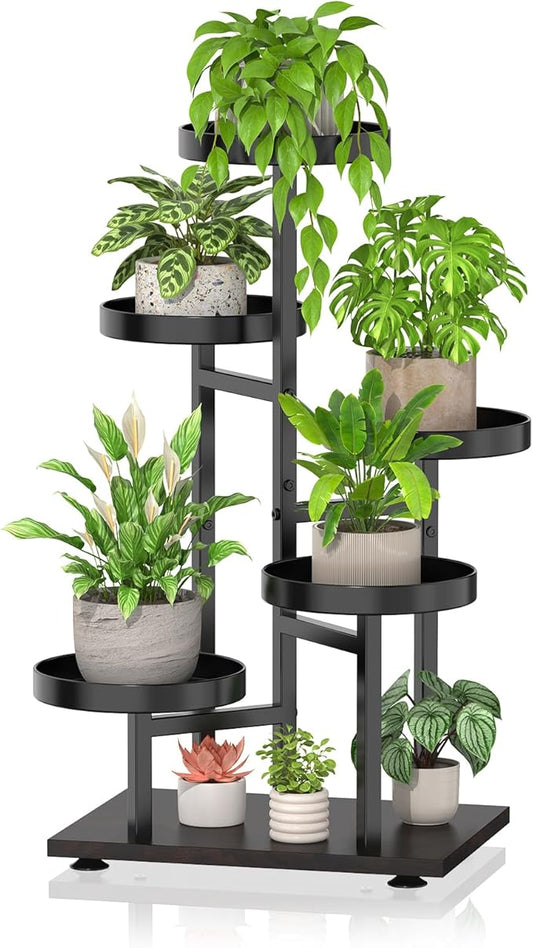 iDavosic.ly 5 Tier Plant Stand Indoor, Tiered Corner Flower Holder Shelf Outdoor, Metal Tall Orchid Display Rack for Patio Porch Garden Balcony Office Bedroom, Black Walnut