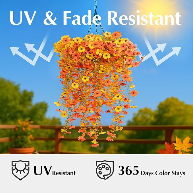 8PCS Hanging Fake Mums for Fall Decor,UV Resistant Artificial Flowers,Faux Mums for Outdoor Planters,Fall Flowers Artificial Decorations for Porch, Patio (OrangeYellow)