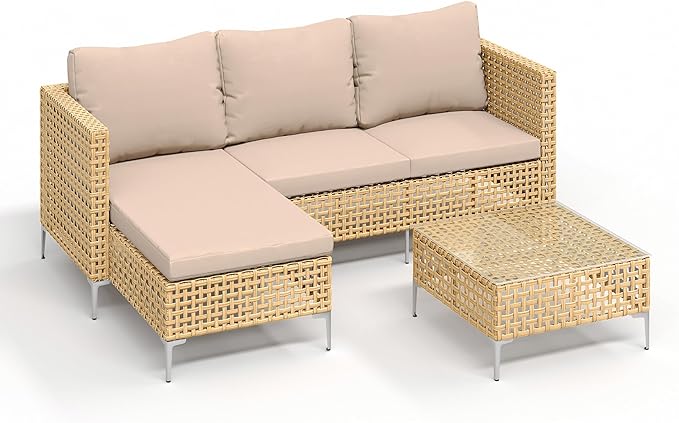 Wicker Small Patio Furinture Set, Rattan Sectional Sofa, Outdoor Couch Set with Comfy All-Weather Cushions and Coffee Table, Perfect for Porch, Backyard, Apartment, Balcony (Yellow/Beige)