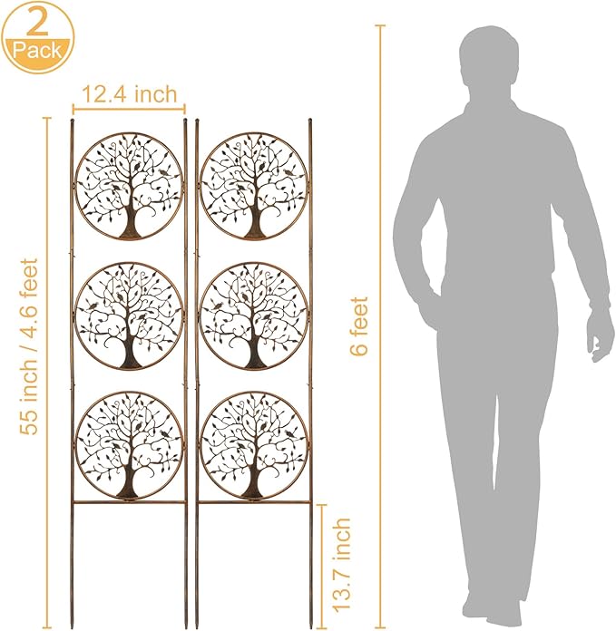SUNNYPARK Set of 2 Tree in Life Metal Garden Trellis for Climbing Plants, Decorative Vegetables Flowers Vine Trellis for Outdoor Patio 55'' H x 12.4'' W