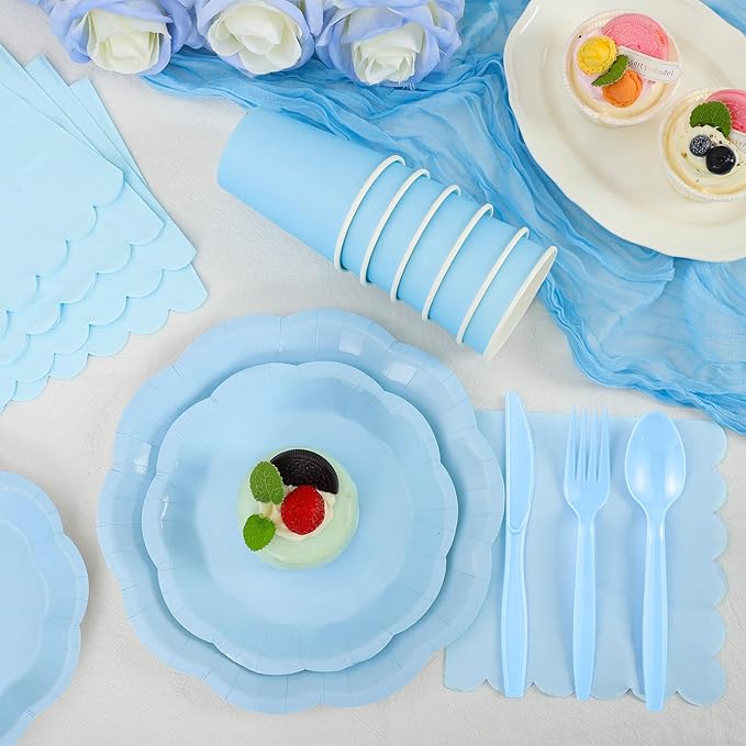 350 Pcs Light Blue Party Supplies Include Scalloped Plate Napkin Cup Forks Knives, Plastic Cutlery 50 Guest Disposable Party Tableware Set for Wedding Baby Shower Bridal Shower Birthday Parties