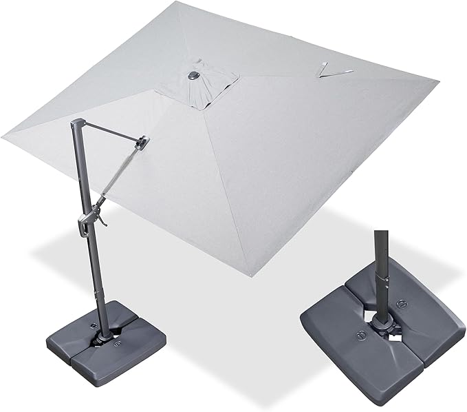 PURPLE LEAF 9' X 11.5' Rectangle Cantilever Umbrella with Base Outdoor Large Aluminum Patio Umbrella with 3-Year Fade Resistance Recycled Fabric and 360-degree Rotation for Deck Garden, Pebble Grey