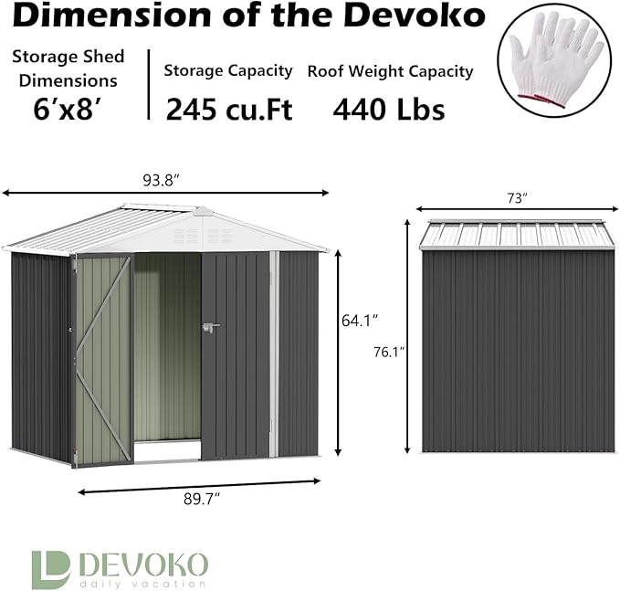 Devoko Outdoor Storage Shed 8 x 6 FT Lockable Metal Garden Shed Steel Anti-Corrosion Storage House with Single Lockable Door for Backyard Outdoor Patio (Gray)