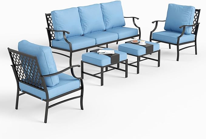 5 Piece Metal Outdoor Patio Furniture Set, Patio Conversation Sets 1 3-seater Sofa, 2 Fixed Chair, 2 Ottomans with 5.75" Thick Cushion, Black All-weather Frame Backyard Furniture, Blue