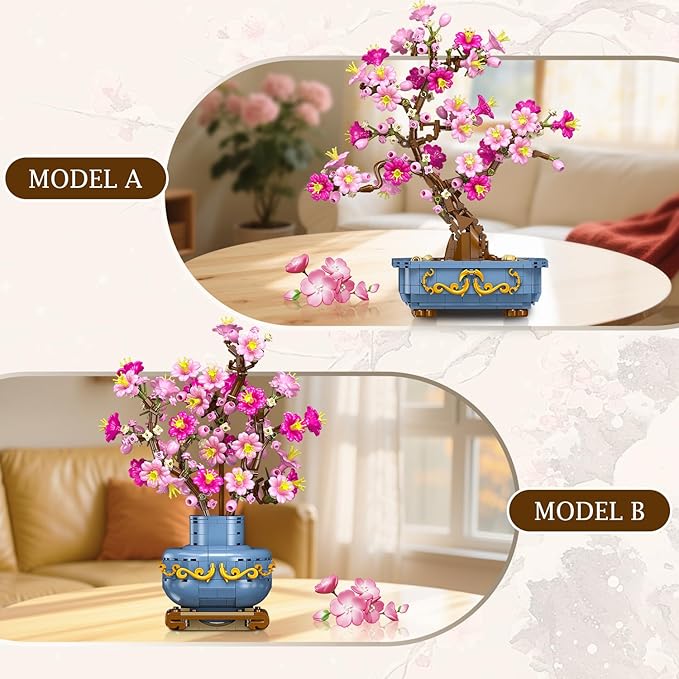 HOGOKIDS Flowers Cherry-Blossom Bonsai Building Set - 2 in 1 Artificial Bonsai Tree Plants for Home Decor & Display Cherry Botanical Flowers Building Toy Birthday Gift for Adults Teens (775PCS)