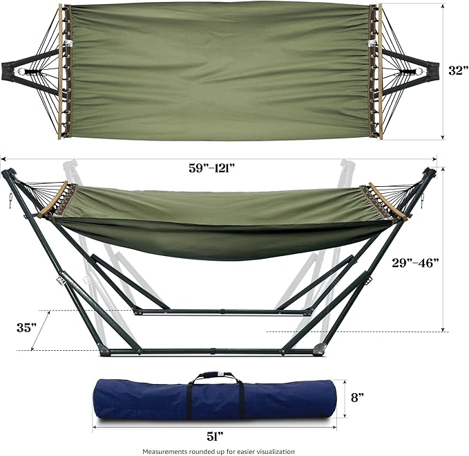 Tranquillo Sturdy Steel Hammock Stand with Premium Cotton Canvas, 600 lbs Capacity Hammock Folding, Portable Hammock Stand 30-Second Fold Unfold Spacious Hammock Design, Sage