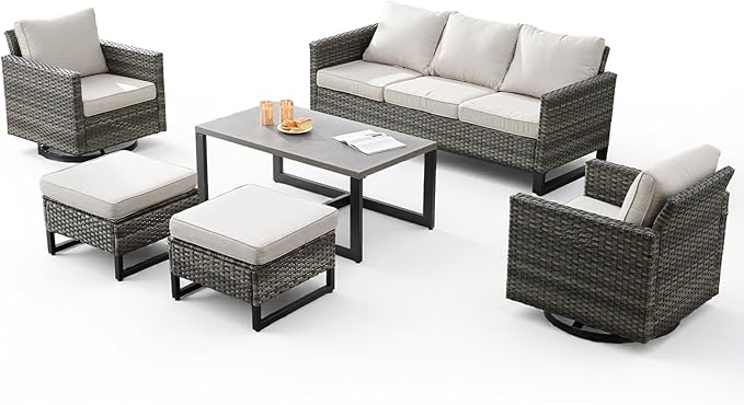 6 Pieces Patio Furniture Set-All Weather Outdoor Swivel Rocker Patio Chairs with 3-Seat Section Couch and Rattan Coffee Table Outdoor Conversation Sets for Garden Backyard Deck(Grey/Beige)