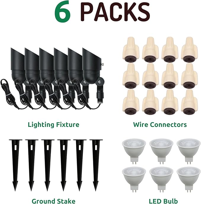 Lumina Lighting® 4W Landscape Lighting 12V Landscape Lights Low Voltage Landscape Spotlights Warm White Waterproof Outdoor Replaceable LED Bulb for Garden, Lawn, Porch, Patio and Yard (Black, 6-Pack)