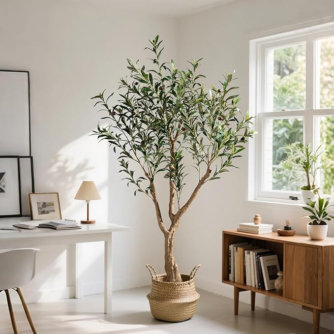 6FT Faux Olive Tree with Tall Exquisite Planter Artificial Olive Tree Tall, Potted Fake Olive Plant with 1260 Real Touch Leaves, Indoor Outdoor Home Garden Office Decor