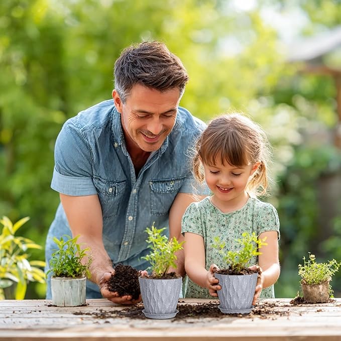 5 inch Plant Pots for Indoor Outdoor Plants, 6 Pack Thick Flower Pots with Drainage Holes and Saucers, 3D Modern Wave Texture Small Plastic Planters Nursery Pots, Speckled Grey