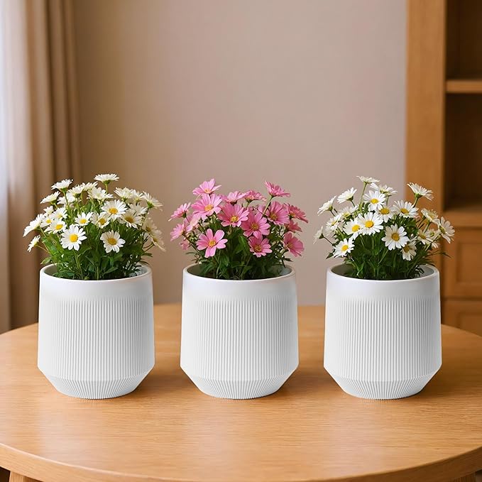 Plant Pots，Set of 3 Plastic Pots for Indoor Plants,Flower Pots Outdoor Planters with Drainage Hole and Seamless Saucer,White