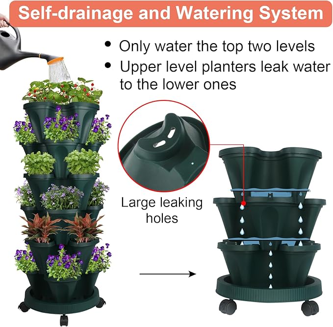 Vertical Planter 6 Tier Stackable Planters Garden Planters Strawberry Herb Flower and Vegetable Planter Indoor Outdoor Gardening Pots with Removable Wheels and Tools