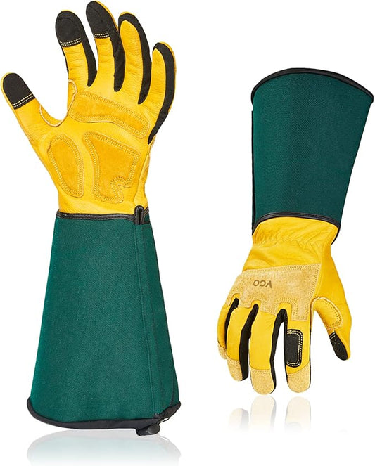 Vgo... Safety Work Gloves Men,Extra-long Cuff, Cow Grain Leather,Puncture-proof, Thornproof, Durability, Touchscreen,Gardeing (1 Pair,Size S, Golden Green, CA7472)