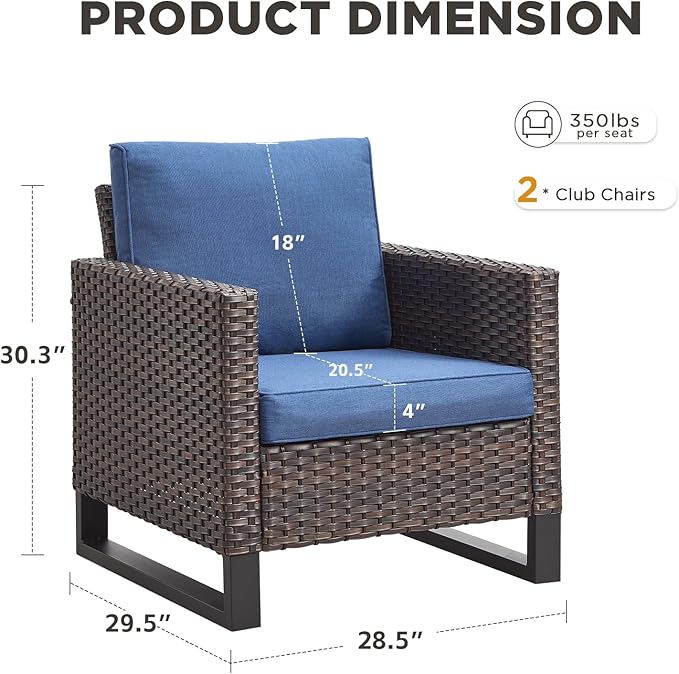 Wicker Outdoor Patio Chairs Set of 2-High Back Rattan Patio Club Chairs with Thickened Cushions Wide Armrest All Weather Patio Furniture Set for Deck Porch Balcony(Brown/Blue)