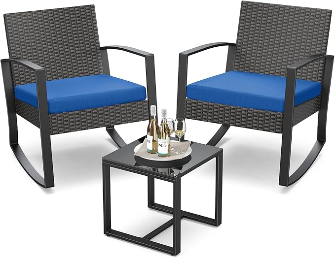 3 Piece Patio Bistro Set Patio Furniture Set Outdoor Wicker Rocking Furniture Conversation Set with Tempered Glass Coffee Table for for Front Porch Balcony and Deck (Blue Cushion)