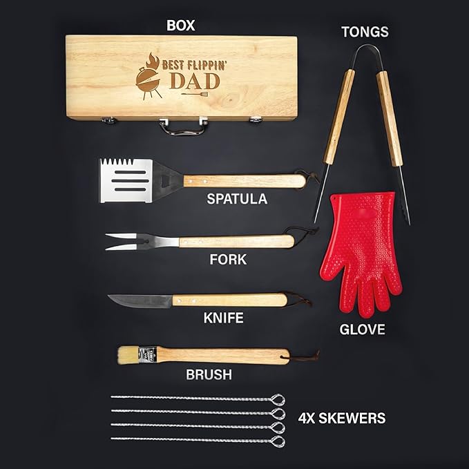 11-Piece BBQ Grilling Set with Engraved Maple Wood Box, Stainless Steel Tools with Wooden Handles, Ideal Gift for Dad on Birthday, Father’s Day - Best Flipping Dad