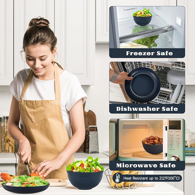 Kitchen Wheat Straw Dinnerware Sets (33pcs) Attached cleaning brush,Service For 8,Plastic Plates and Bowls Sets,Unbreakable Dinnerware,Lightweight Plastic Plate Set (Navy blue)