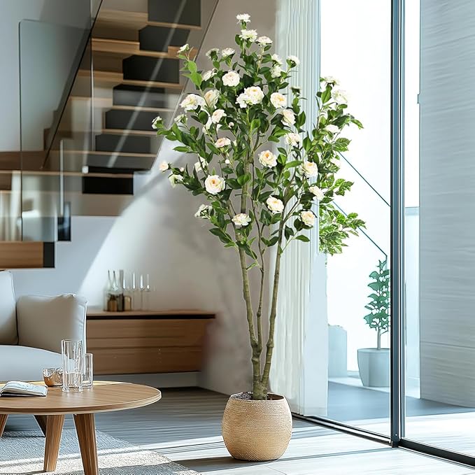 Faux Camellia Flower Tree 7ft(84in) Artificial Floor Plant for Indoor Decor Realistic Greenery Potted Tree with White Blooming Flowers and Natural Wood Trunk for Home Living Room,Office,Porch Decor