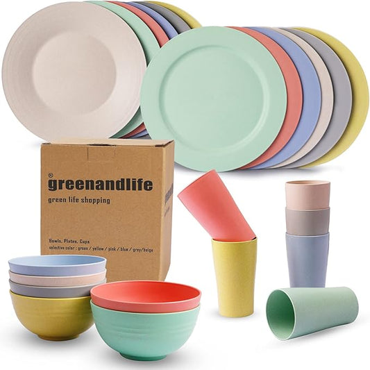 Greenandlife Premium Plastic Dinnerware Sets for 6(24pcs), Unbreakable Microwave Safe Reusable Lightweight Plates and Bowls Sets Cups Dishwasher Safe Dishes for Outdoor Camping, RV