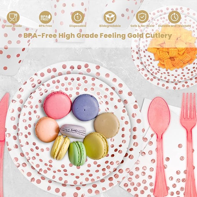 AIRE 350PCS White Rose Gold Paper Plates Party Supplies for 50 Guests Dinnerware Sets Disposable Party Decorations Paper Plates Napkins Cups Plastic Forks Knives Spoons For Birthday Wedding, Parties
