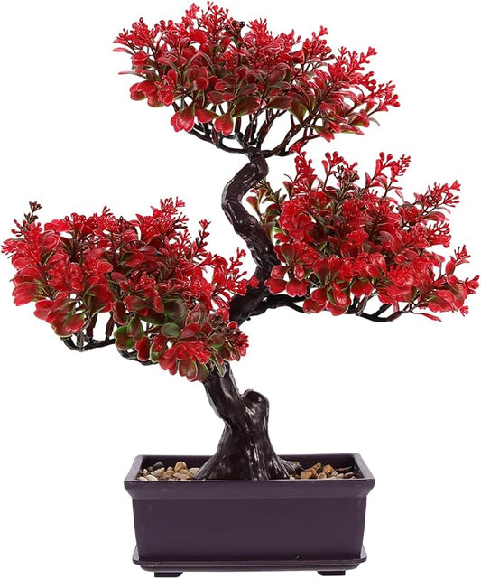 Cabilock Artificial Bonsai Tree, Fake Potted Bonsai Plants Decoration, Desktop Realistic Welcoming Pine Ornament for Home Office Entryway Chests Decor, Red