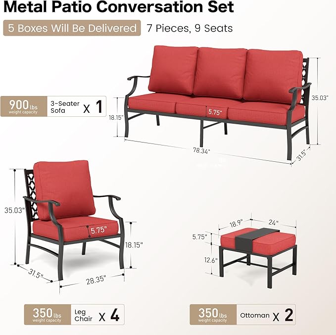 7 Piece Metal Outdoor Patio Furniture Set, Patio Conversation Sets 1 3-Seater Sofa, 4 Fixed Chair, 2 Ottomans with 5.75" Thick Cushion, Black All-Weather Frame Backyard Furniture, Red