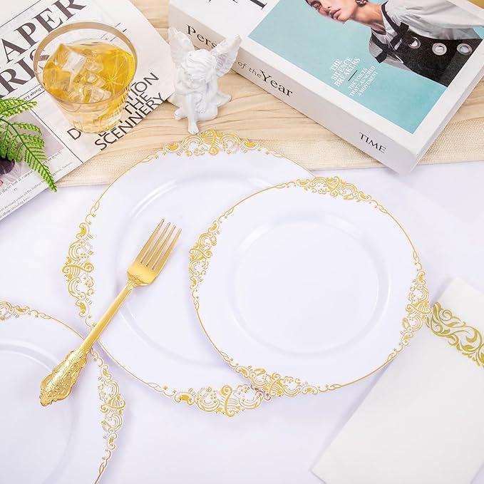 Hioasis 210pcs White and Gold Plastic Plates - Disposable Dinnerware Set Suitable for 30 Guests Include 10.25" Dinner & 7.5" Dessert Plates, Pre Rolled Silverware Set, Cups for Party & Thanksgiving
