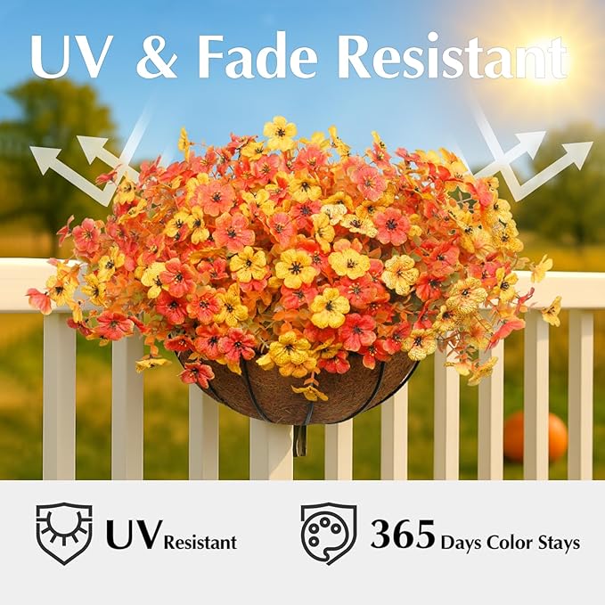 Artificial Mums for Outdoors, 12 Bundles Faux Mums for Outdoor Planters,Uv Resistant Artificial Fake Flowers Plants, Realistic Fall Decor for Porch, Patio, Yard (OrangeYellow)