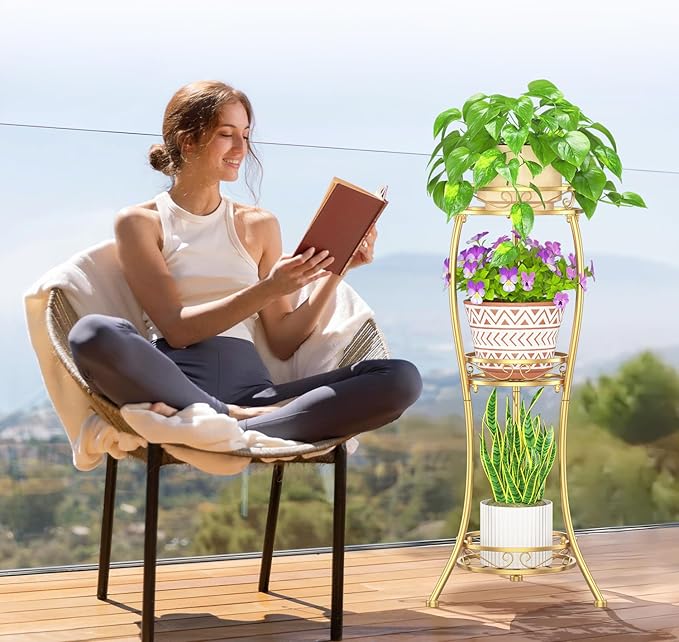 LASZOLA Gold 3 Tier Tall Plant Stand for Indoor Outdoor, Large Multiple Level Flower Planter Holder Organizer Rack for Patio Office Bathroom Corner Floor, Sturdy Heavy Duty Metal, Vertical Display