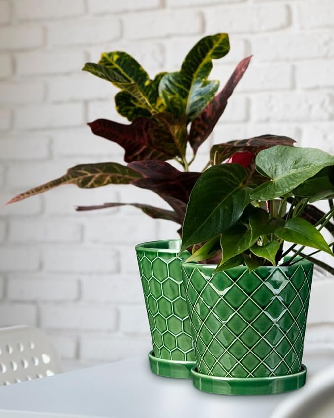 6 Inch Plant Pot,Ceramic Pots for Plants with Drainage,Flower Pots Indoor Pots for Plants, Modern Flower Pots for Home and Office,Set of 2 - Patina