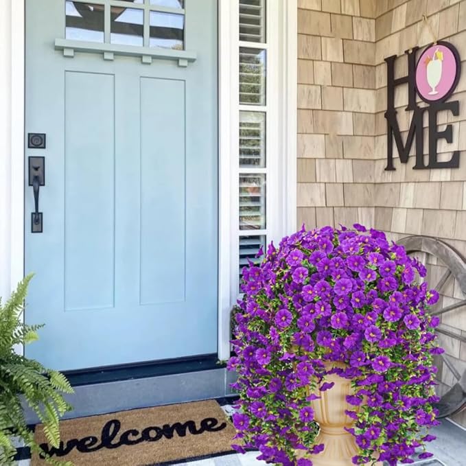 4PCS Artificial Hanging Flowers for Outdoor Decor UV Resistant Fake Morning Glory Realistic Silk Spring Summer Hanging Plants for Porch Patio Balcony Yard (Purple)