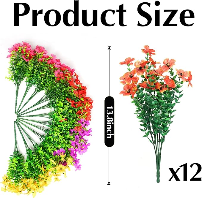 Artificial Flowers for Outdoors, 12 Bundles Outdoor Faux Plants,Uv Resistant Artificial Fake Flowers Plants, Realistic Spring Decor for Porch, Patio, Yard (RedYellowPurple)