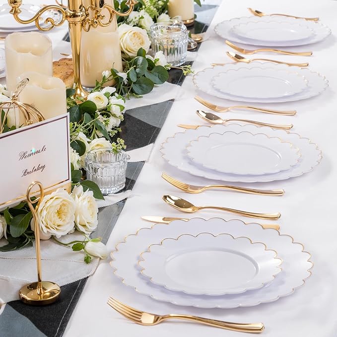 SUT 72 Pcs White Plates Disposable, White Plastic Plates With Gold Trim, 10.25 Inch Gold Dinner Plates, Fancy Plastic Plates, Plates Disposable Heavy Duty for Wedding, Parties, Banquets