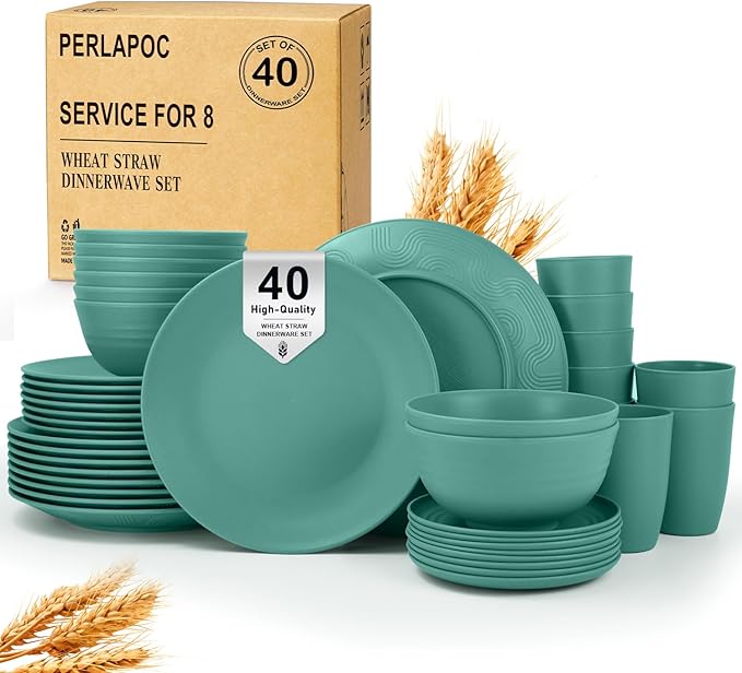 Wheat Straw Dinnerware Sets 40 PCS Unbreakable Dishes Set for Kitchen, Outdoor, Camping Dishes Plates and Bowls Sets with Cups, Dessert Plates, Dishwasher & Microwave Safe - Green