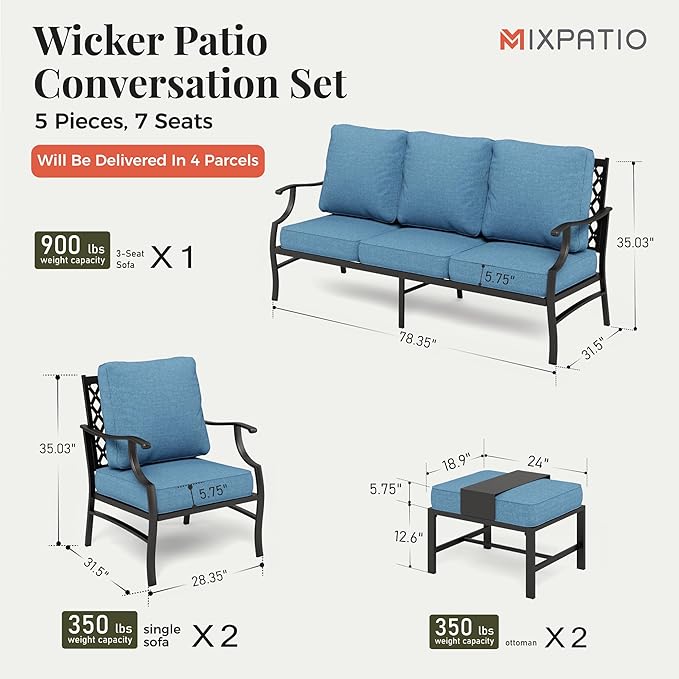 Patio Furniture Set 5 pcs, Outdoor Patio Furniture, 3-Seat Sofa, 2 Single Chairs, 2 Ottomans and 5.75" Extra Thick Cushion, Conversation Set for Backyard Deck,Navy Blue