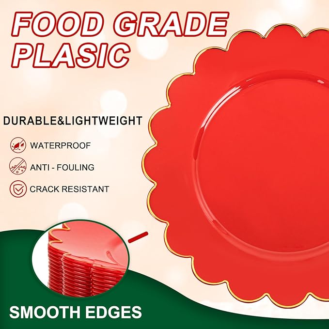 SUT 72Pcs Plastic Plates-7.5inch Red Dessert Plates with Gold Trim, Red Disposable Plates, Disposable Plates,Fancy Plastic Plates, Heavy Duty Plastic Plates for Wedding & Parties