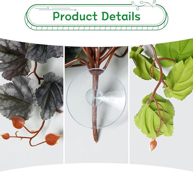 Dsoar 3 PCS Reptile Plants Artificial Hanging Plants with Suction Cup Pets Habitat Climbing Decorations Amphibian Terrarium Fake Plants