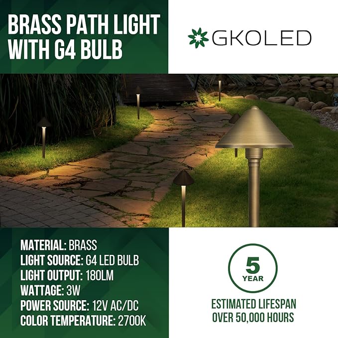 GKOLED Solid Brass Landscape Path Lights (5" Shade, 20" Tall), Low Voltage LED 3W 12-24V AC/DC Conehead Path Lighting, 2700K Outdoor Waterproof Walkway Light, with Stake and G4 Bulb, 12 Pack