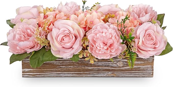 Flower Arrangement with Wooden Vase 14" Artificial Flowers in Pot - Fake Flowers Roses Peonies Hydrangeas in Wooden Vase Potted Artificial Flower Centerpieces for Table Decor Living Room - Dusty Pink