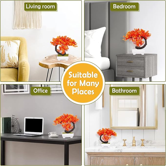 Artificial Bonsai Tree Fake Plant Fake Bonsai Tree with Plastic Pots for Home Decor Desktop Display (C Orange)