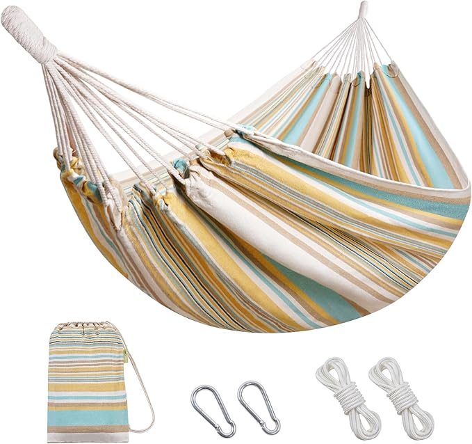 Brazilian Hammock with Tree Straps - Cotton Hammocks Portable Hammock with Carry Bag for Backyard, Porch, Outdoor and Indoor Use Yellow & Green