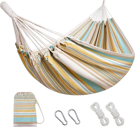Brazilian Hammock with Tree Straps - Cotton Hammocks Portable Hammock with Carry Bag for Backyard, Porch, Outdoor and Indoor Use Yellow & Green