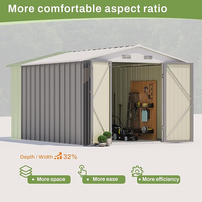 Patiowell 8x10 FT Outdoor Storage Shed, Large Garden Tool Metal Shed with Sloping Roof and Double Lockable Door, Outdoor Sheds for Backyard Garden Patio Lawn,Grey