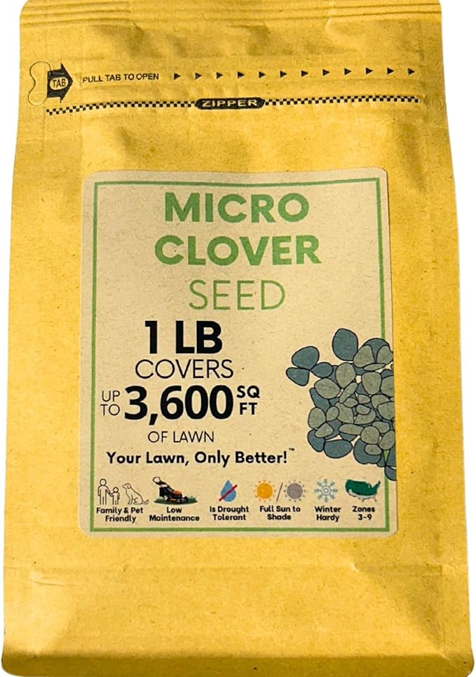 Flawn Seed Kits 1 Lb Micro Clover Seed, Organic Coated, Eco-Friendly, Low Growing, Low Maintenance, Lawn Alternative, Kraft Zipper Pouch, Covers up to 3,600 Sqft
