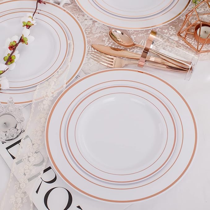 WELLIFE 150 Pcs Rose Gold Plastic Plates with Disposable Rose Gold Cutlery, Includes: 25 Dinner Plate 10.25", 25 Dessert Plates 7.5", 25 Cups 9OZ and 25 Silverware for Wedding