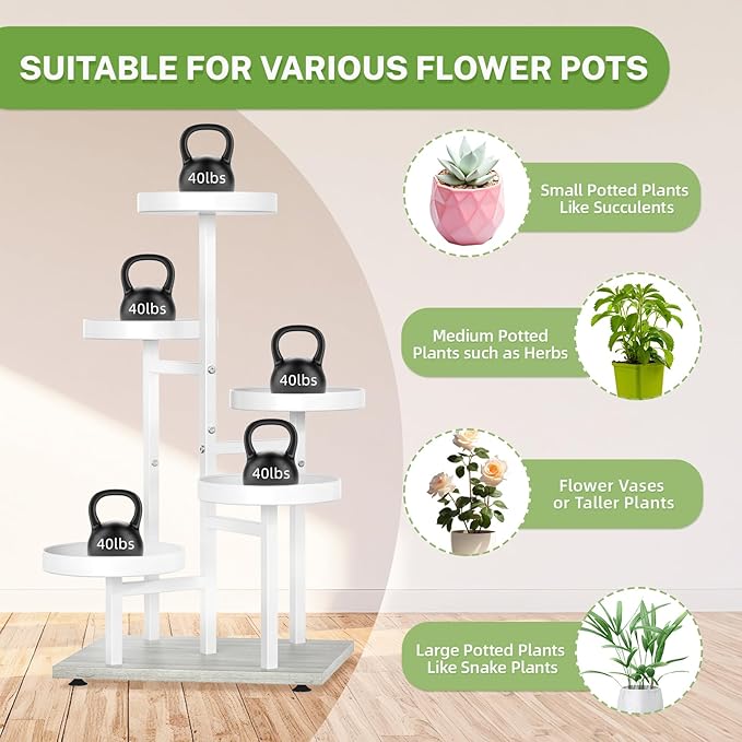 iDavosic.ly 5 Tier Plant Stand Indoor, Tiered Corner Flower Holder Shelf Outdoor, Metal Tall Orchid Display Rack for Patio Porch Garden Balcony Office Bedroom, White